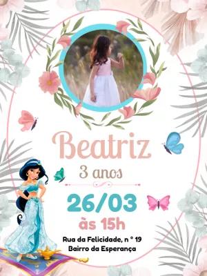 Convite Aniversário Princesa Jasmine com Foto para Editar