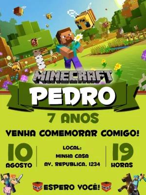 Convite Aniversário Minecraft com Personagens para Editar Online