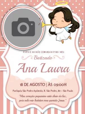 Convite de Batizado Rosa com Foto para Editar Online