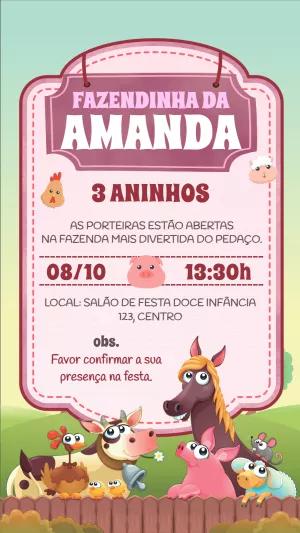 Convite Aniversário Fazendinha Menina Rosa para Editar Online