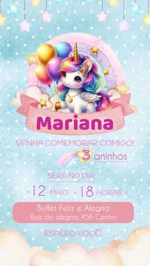 Convite Aniversário Unicórnio Fofo para Editar Online