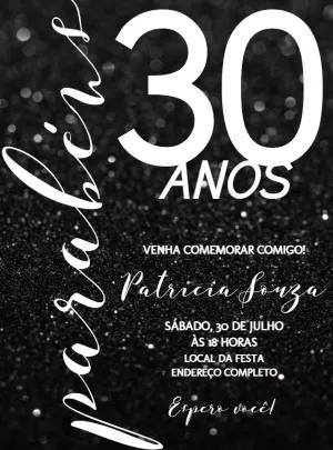 Convite Aniversário 30 Anos Glitter Preto para Editar Online
