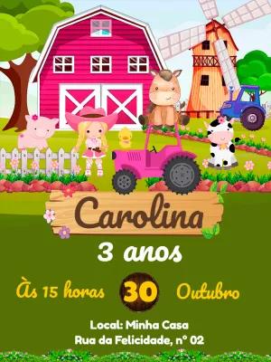 Convite de Aniversário Fazendinha Rosa para Editar Online
