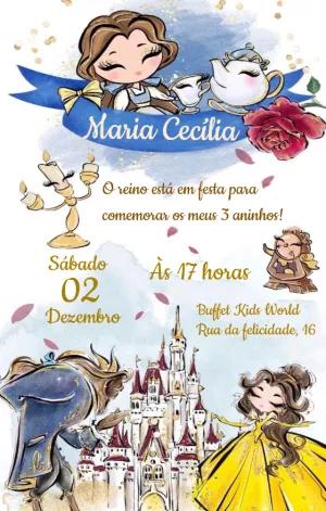 Convite Aniversário A Bela e a Fera com Personagens para Editar