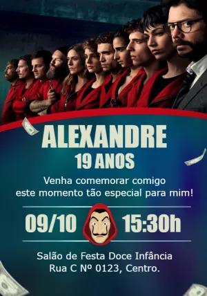 Convite Aniversário La Casa de Papel para Editar Online