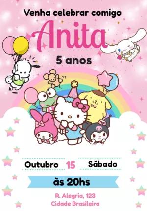 Convite de Aniversário Hello Kitty e Amigos para Editar Online