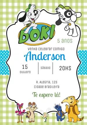 Convite de Aniversário Doki Editável Online com a Turma