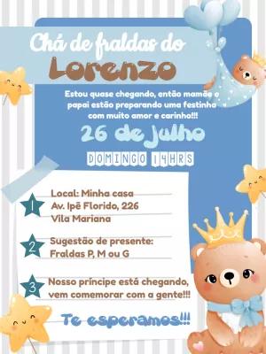 Convite Chá de Fraldas Ursinho Príncipe para Editar Online