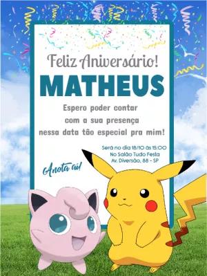 Convite de Aniversário Pokémon com Personagens para Editar Online