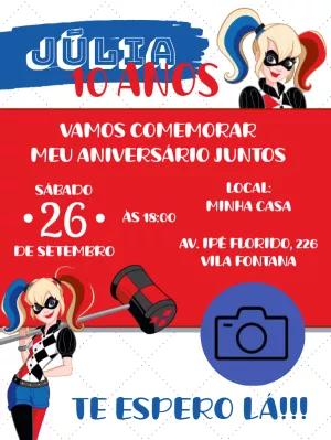 Convite de Aniversário Arlequina com Foto para Editar