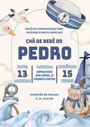 Convite Chá de Bebê Ursinho Marinheiro para Editar Online