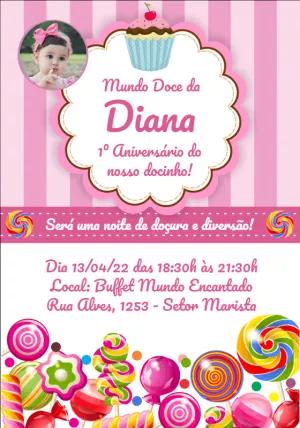 Convite Aniversário Mundo Doce com Foto para Editar Online