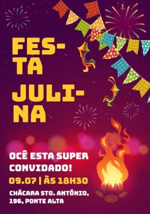 Convite Festa Julina com Fogueira e Bandeirinhas para Editar