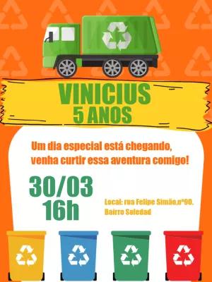 Convite Aniversário Gari Caminhão de Lixo para Editar Online