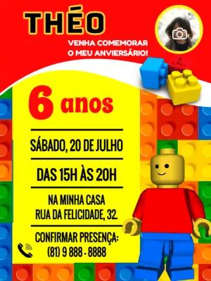 Convite de Aniversário Lego com Foto para Editar Online