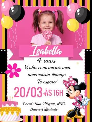 Convite Aniversário Minnie Mouse com Foto para Editar Online