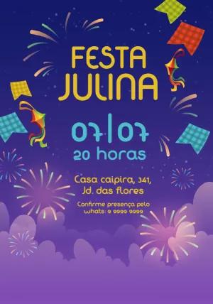 Convite de Festa Julina com fogos e bandeirinhas para Editar