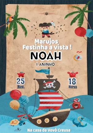 Convite de Aniversário Pirata Infantil para Editar Online