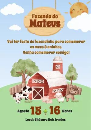 Convite de Aniversário Fazendinha com Animais para Editar Online