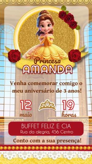 Convite de Aniversário Princesa Bela para Editar Online