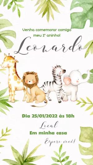 Convite Aniversário Safari com Animais Fofos para Editar Online