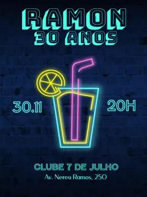 Convite de Aniversário Neon com Drink Editável para Enviar