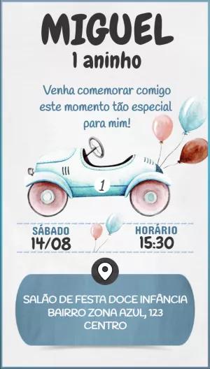Convite Aniversário Carrinho Aquarela para Editar Online