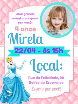 Convite Aniversário Cinderela com Foto para Editar Online