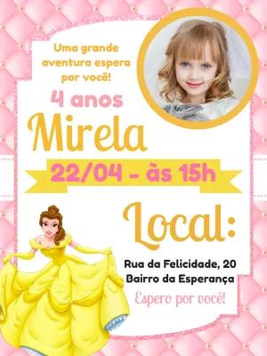 Convite Aniversário Princesa Bela com Foto para Editar Online