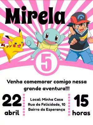 Convite Aniversário Pokémon Rosa Editável com Personagens
