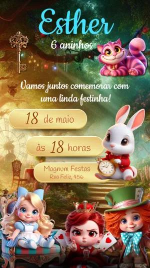Convite Aniversário Alice no País das Maravilhas para Editar