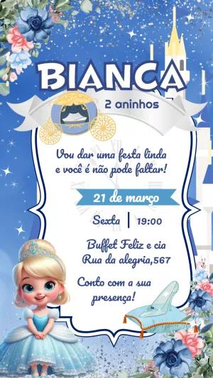 Convite de Aniversário Cinderela Azul para Editar Online