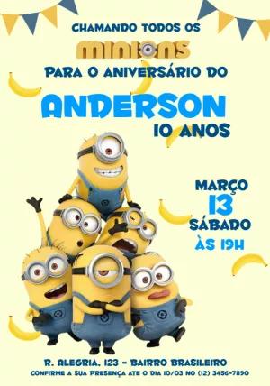 Convite Aniversário Minions com Personagens para Editar Online