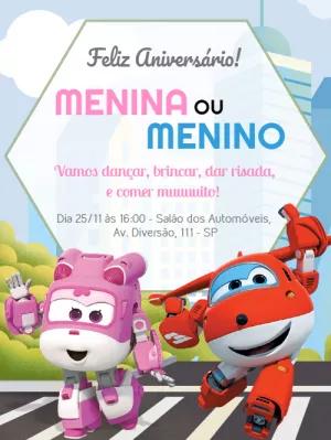 Convite de Aniversário Super Wings com Jett e Dizzy para Editar
