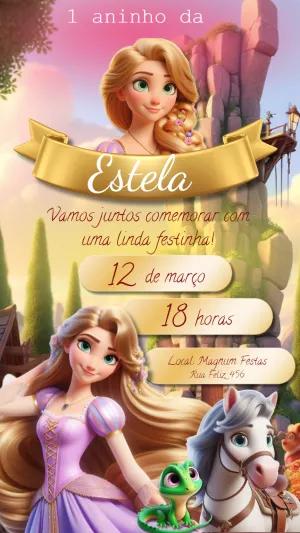 Convite de Aniversário Rapunzel com Personagens para Editar