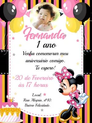 Convite Aniversário Minnie Rosa com Foto para Editar Online