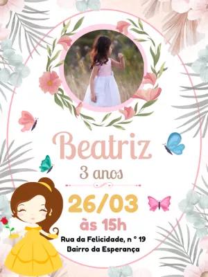 Convite Aniversário Princesa Bela com Foto para Editar Online