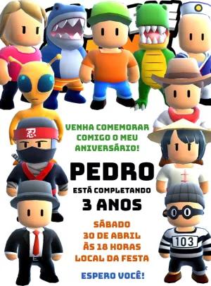 Convite Aniversário Stumble Guys com Personagens para Editar