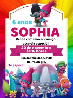 Convite de Aniversário Trolls com Personagens para Editar Online