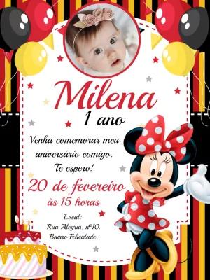 Convite Aniversário Minnie Mouse com Foto para Editar Online