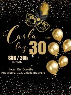Convite Baile de Máscaras Preto e Dourado para Editar Online