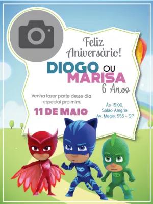 Convite Aniversário PJ Masks com Foto para Editar Online