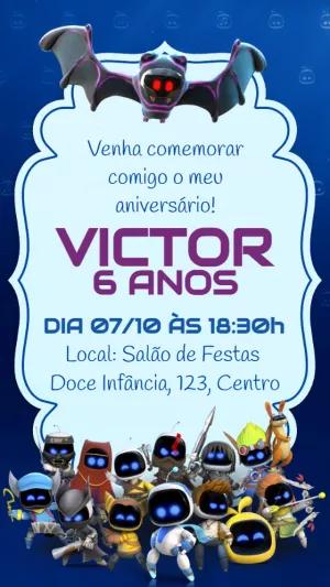 Convite Aniversário Astro Bot com Personagens para Editar Online
