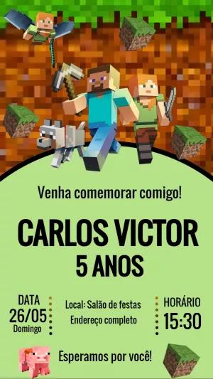 Convite de Aniversário Minecraft com Personagens para Editar Online