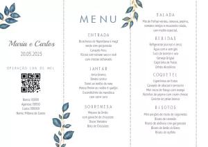 Menu de Casamento Floral com Folhas Azuis para Editar