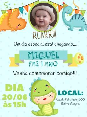 Convite Aniversário Dinossauro Baby com Foto para Editar Online