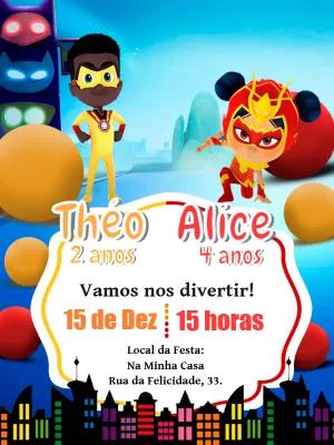 Convite Aniversário Duplo PJ Masks Novos Heróis para Editar