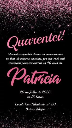 Convite de Aniversário Adulto com Glitter Rosa para Editar