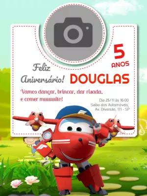 Convite de Aniversário Super Wings com Foto para Editar Online