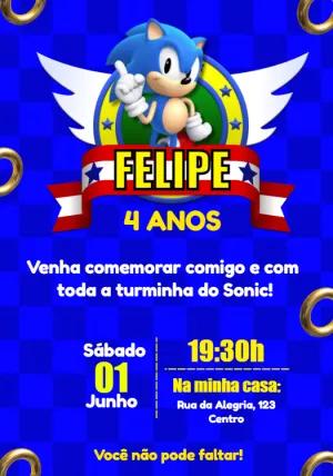 Convite de Aniversário Sonic Clássico para Editar Online
